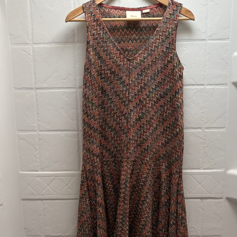 Maeve Anthropology Sleeveless Zigzag Midi Dress Multi color orange brown teal